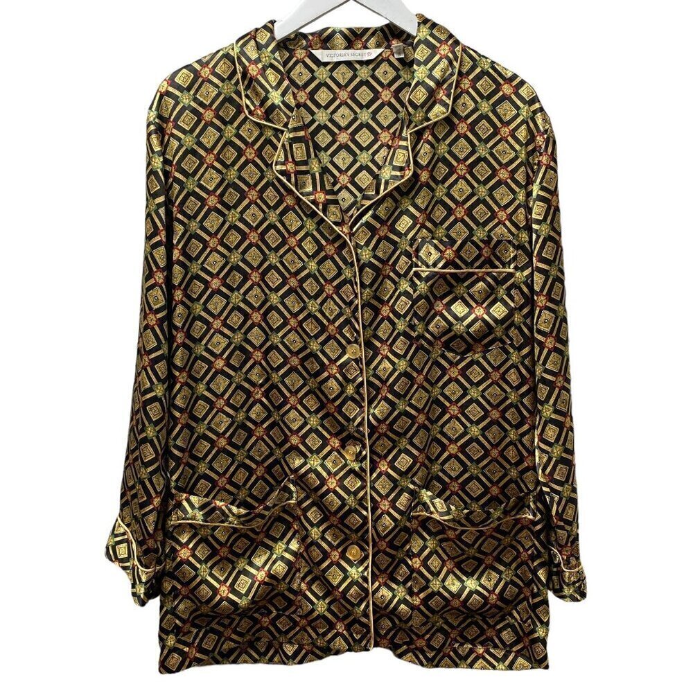 VICTORIA'S SECRET Pajama Top Medium Satin Foulard Black Yellow Print Sleepwear